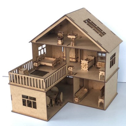 Grande casa de bonecas de madeira com móveis.